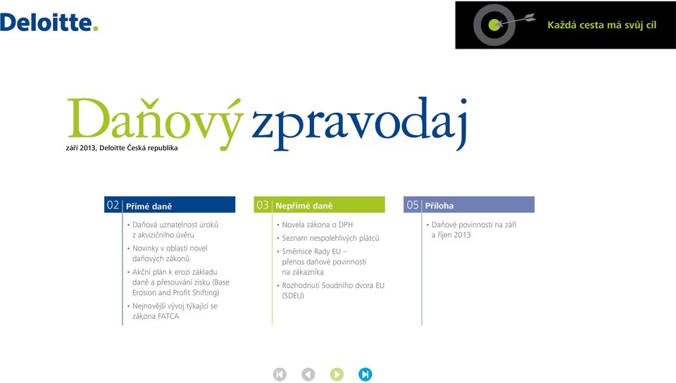 Profit Shifting) Nejnovější vývoj týkající se zákona FATCA 03 Nepřímé daně 05 Novela zákona o DPH Seznam nespolehlivých plátců