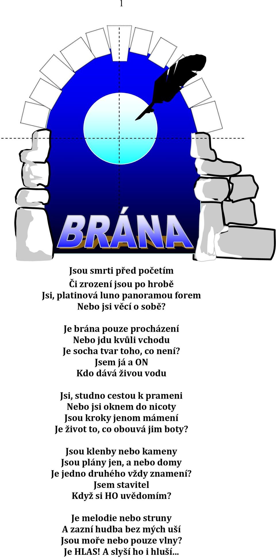 Jsem já a ON Kdo dává živou vodu Jsi, studno cestou k prameni Nebo jsi oknem do nicoty Jsou kroky jenom mámení Je život to, co obouvá jim