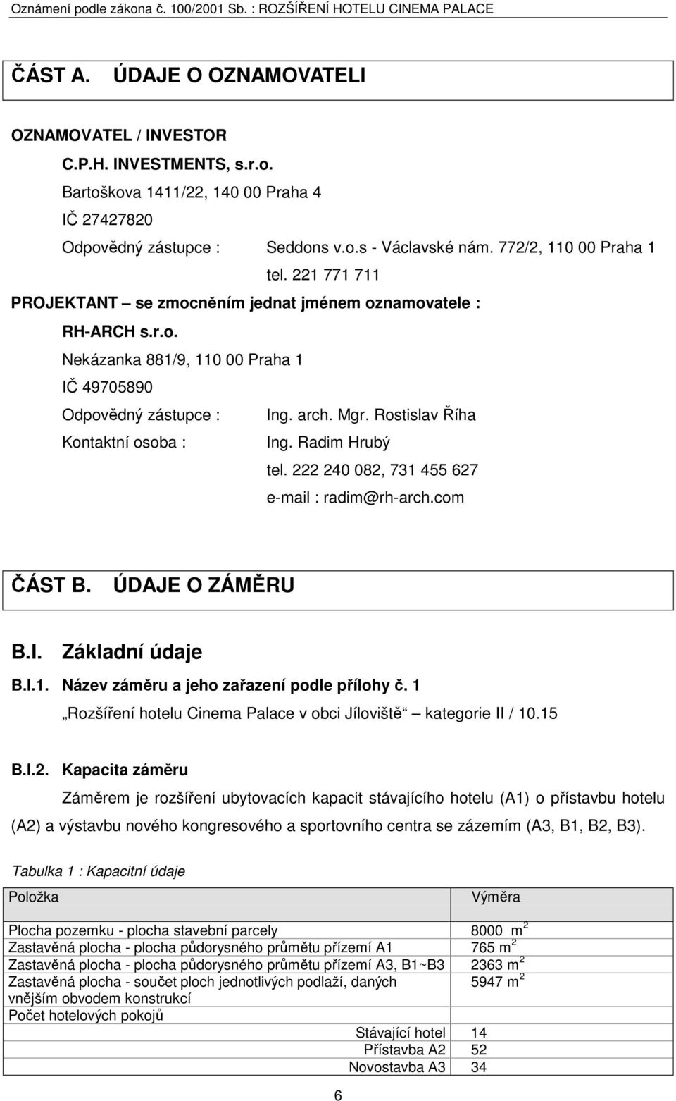 Rostislav Říha Kontaktní osoba : Ing. Radim Hrubý tel. 222 240 082, 731 455 627 e-mail : radim@rh-arch.com ČÁST B. ÚDAJE O ZÁMĚRU B.I. Základní údaje B.I.1. Název záměru a jeho zařazení podle přílohy č.