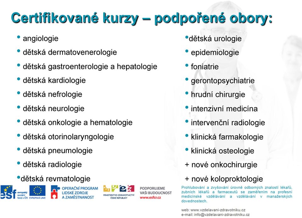 pneumologie dětská radiologie dětská revmatologie dětská urologie epidemiologie foniatrie gerontopsychiatrie hrudní