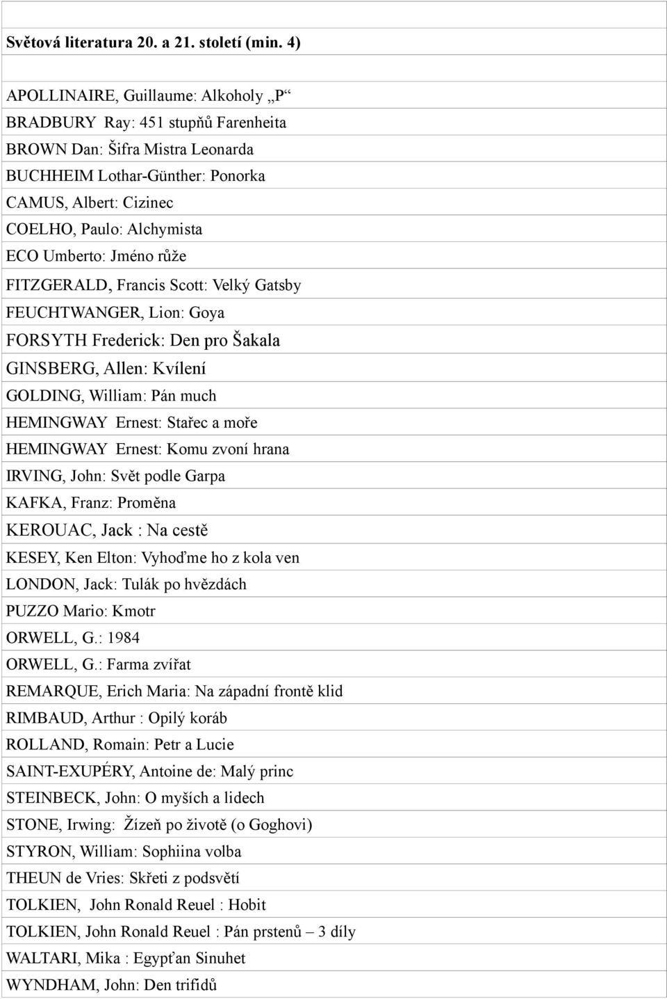 Umberto: Jméno růže FITZGERALD, Francis Scott: Velký Gatsby FEUCHTWANGER, Lion: Goya FORSYTH Frederick: Den pro Šakala GINSBERG, Allen: Kvílení GOLDING, William: Pán much HEMINGWAY Ernest: Stařec a