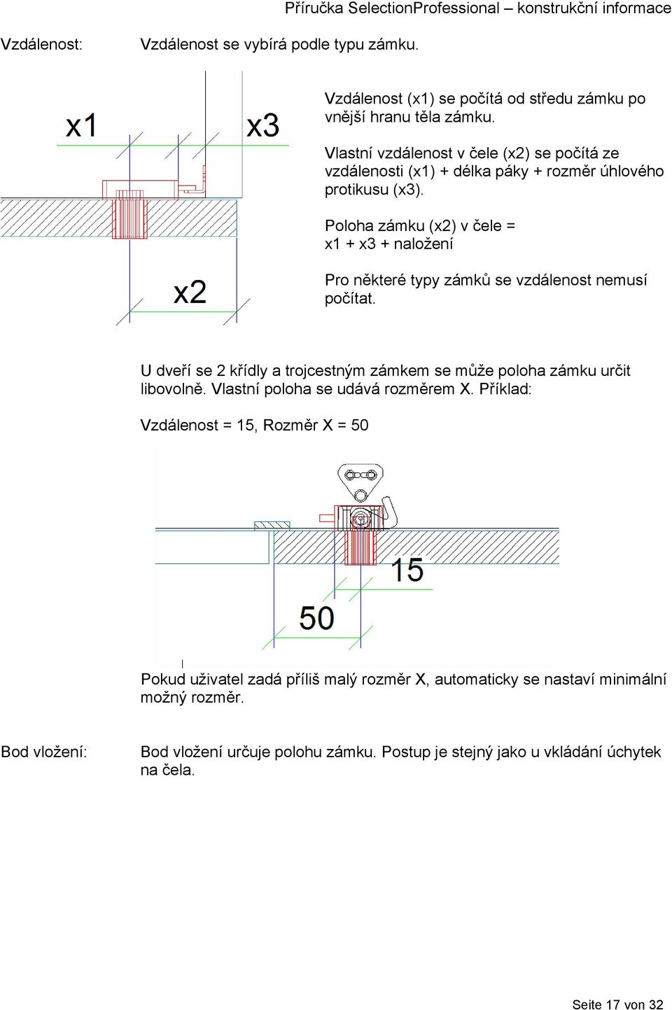 Poloha zámku (x2) v čele = x1 + x3 + naložení Pro některé typy zámků se vzdálenost nemusí počítat.