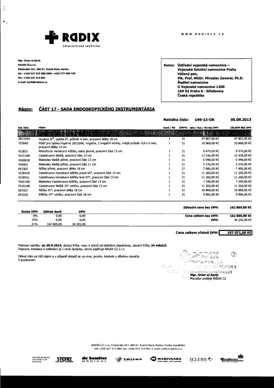 . Miroslav Zavoral, Ph.D. Reditel nemocnice U Vojenske nemocnice 1200 169 02 Praha 6 - Sti'eiovice teska republika Nazev: CAST 17 - SADA ENDOSKOPICKEHO INSTRUMENTARIA Nabidka cislo: 149-13-0K 05.09.