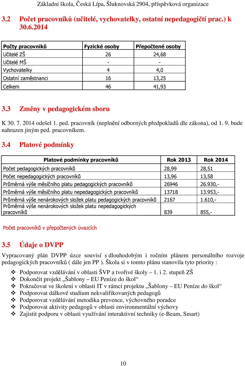 2014 odešel 1. ped. pracovník (neplnění odborných předpokladů dle zákona), od 1. 9. bude nahrazen jiným ped. pracovníkem. 3.