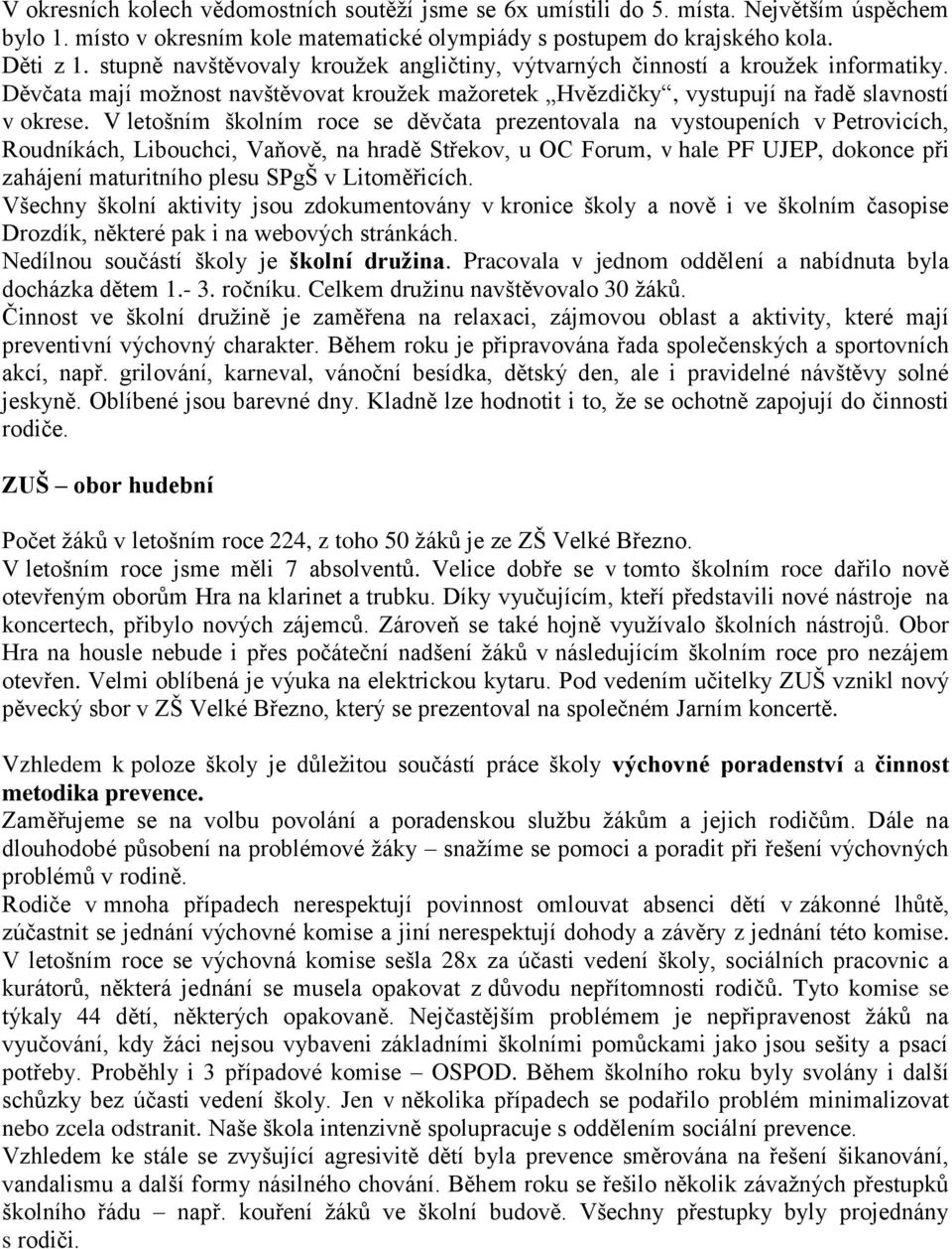 V letošním školním roce se děvčata prezentovala na vystoupeních v Petrovicích, Roudníkách, Libouchci, Vaňově, na hradě Střekov, u OC Forum, v hale PF UJEP, dokonce při zahájení maturitního plesu SPgŠ