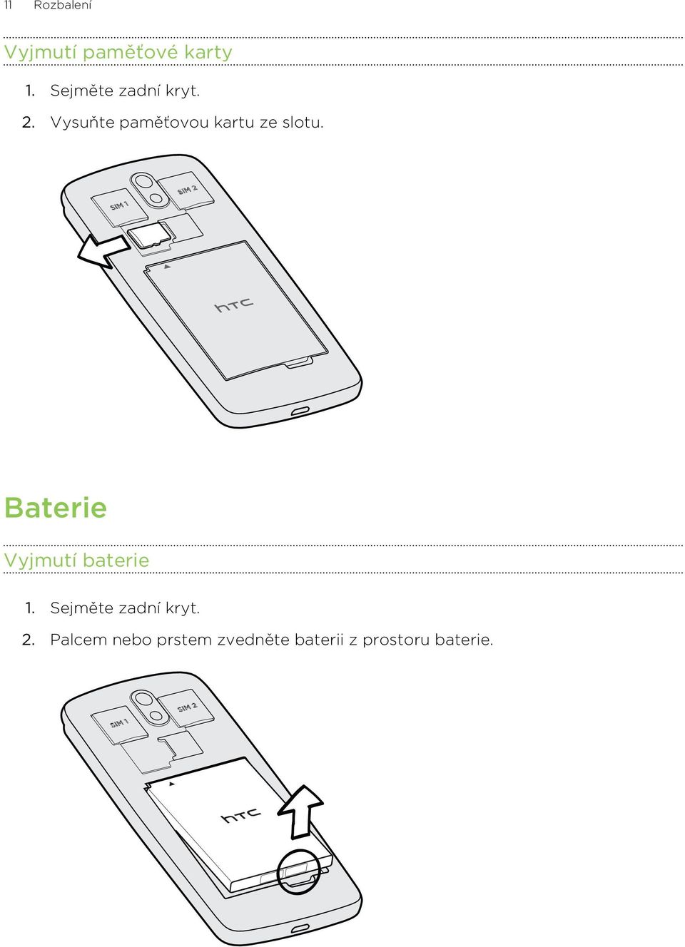 SIM 1 SIM 2 Baterie Vyjmutí baterie 1.