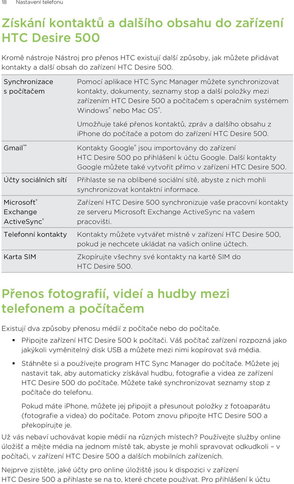 Synchronizace s počítačem Pomocí aplikace HTC Sync Manager můžete synchronizovat kontakty, dokumenty, seznamy stop a další položky mezi zařízením HTC Desire 500 a počítačem s operačním systémem