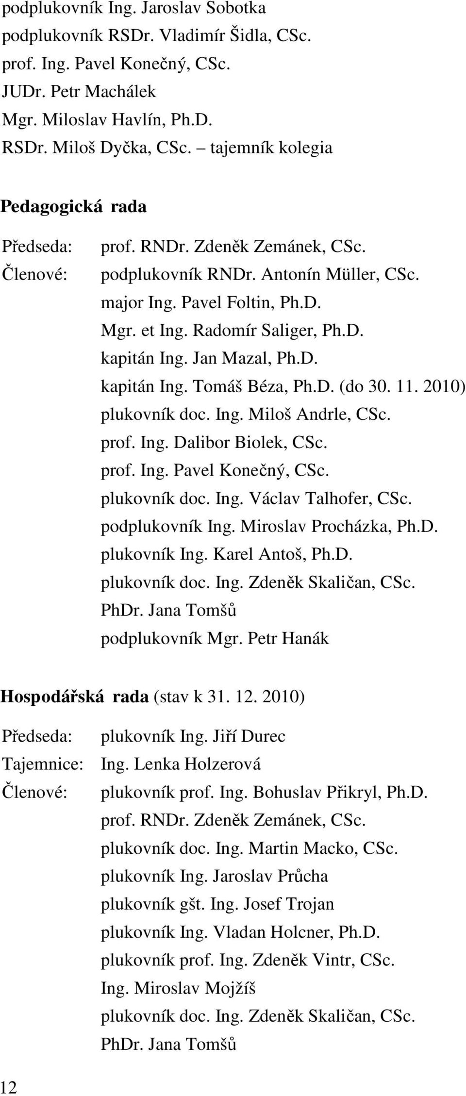 Jan Mazal, Ph.D. kapitán Ing. Tomáš Béza, Ph.D. (do 30. 11. 2010) plukovník doc. Ing. Miloš Andrle, CSc. prof. Ing. Dalibor Biolek, CSc. prof. Ing. Pavel Konečný, CSc. plukovník doc. Ing. Václav Talhofer, CSc.