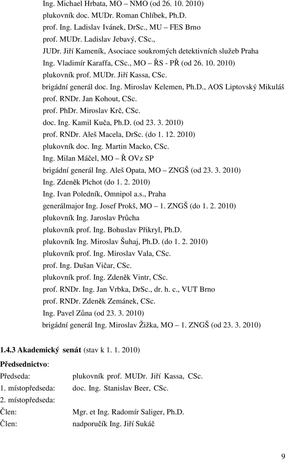 D., AOS Liptovský Mikuláš prof. RNDr. Jan Kohout, CSc. prof. PhDr. Miroslav Krč, CSc. doc. Ing. Kamil Kuča, Ph.D. (od 23. 3. 2010) prof. RNDr. Aleš Macela, DrSc. (do 1. 12. 2010) plukovník doc. Ing. Martin Macko, CSc.