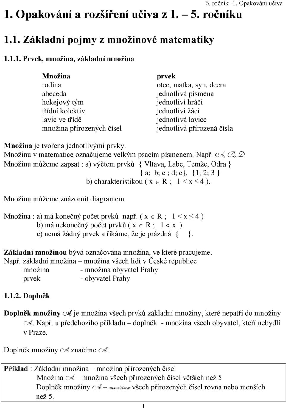 jednotlivá lavice jednotlivá přirozená čísla Množina je tvořena jednotlivými prvky. Množinu v matematice označujeme velkým psacím písmenem. Např.