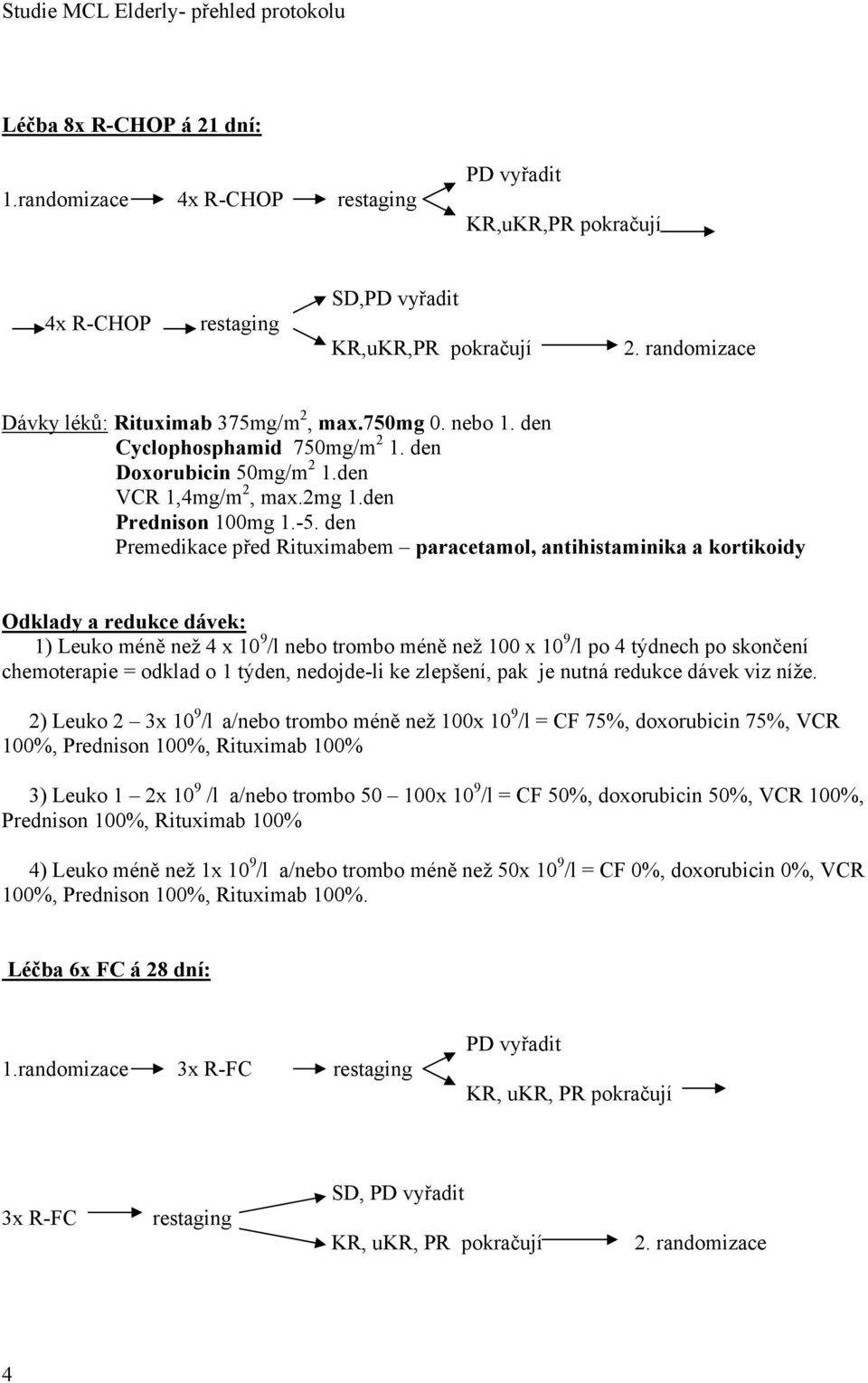 den Premedikace před Rituximabem paracetamol, antihistaminika a kortikoidy Odklady a redukce dávek: 1) Leuko méně než 4 x 10 9 /l nebo trombo méně než 100 x 10 9 /l po 4 týdnech po skončení