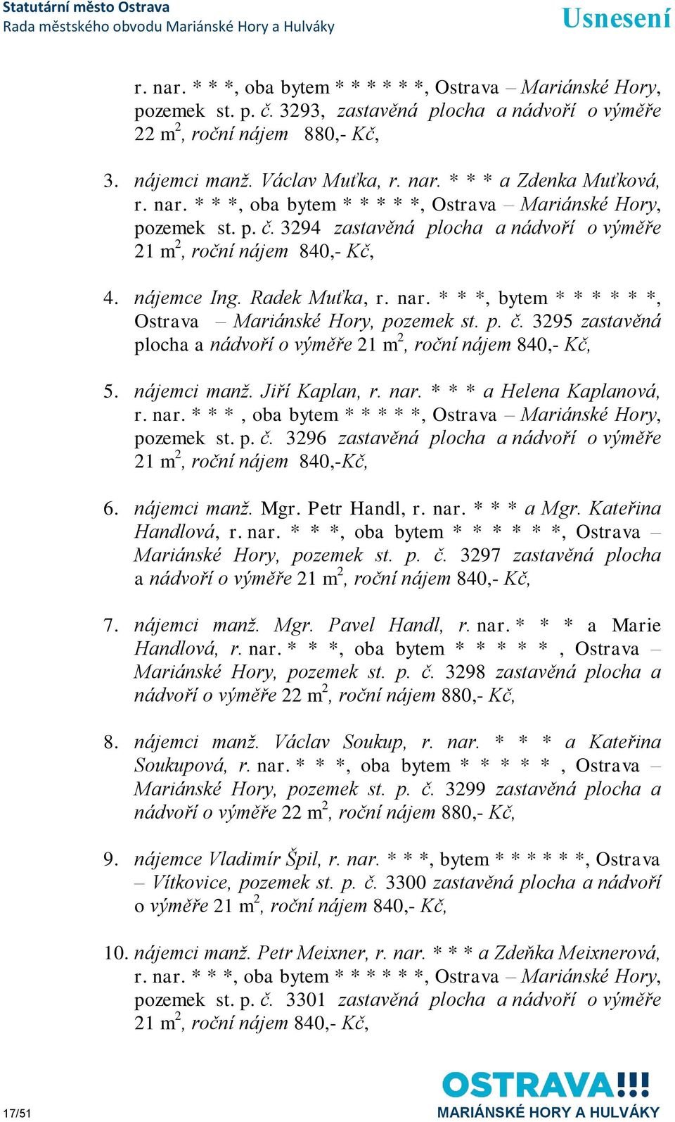 * * *, bytem * * * * * *, Ostrava Mariánské Hory, pozemek st. p. č. 3295 zastavěná plocha a nádvoří o výměře 21 m 2, roční nájem 840,- Kč, 5. nájemci manţ. Jiří Kaplan, r. nar.