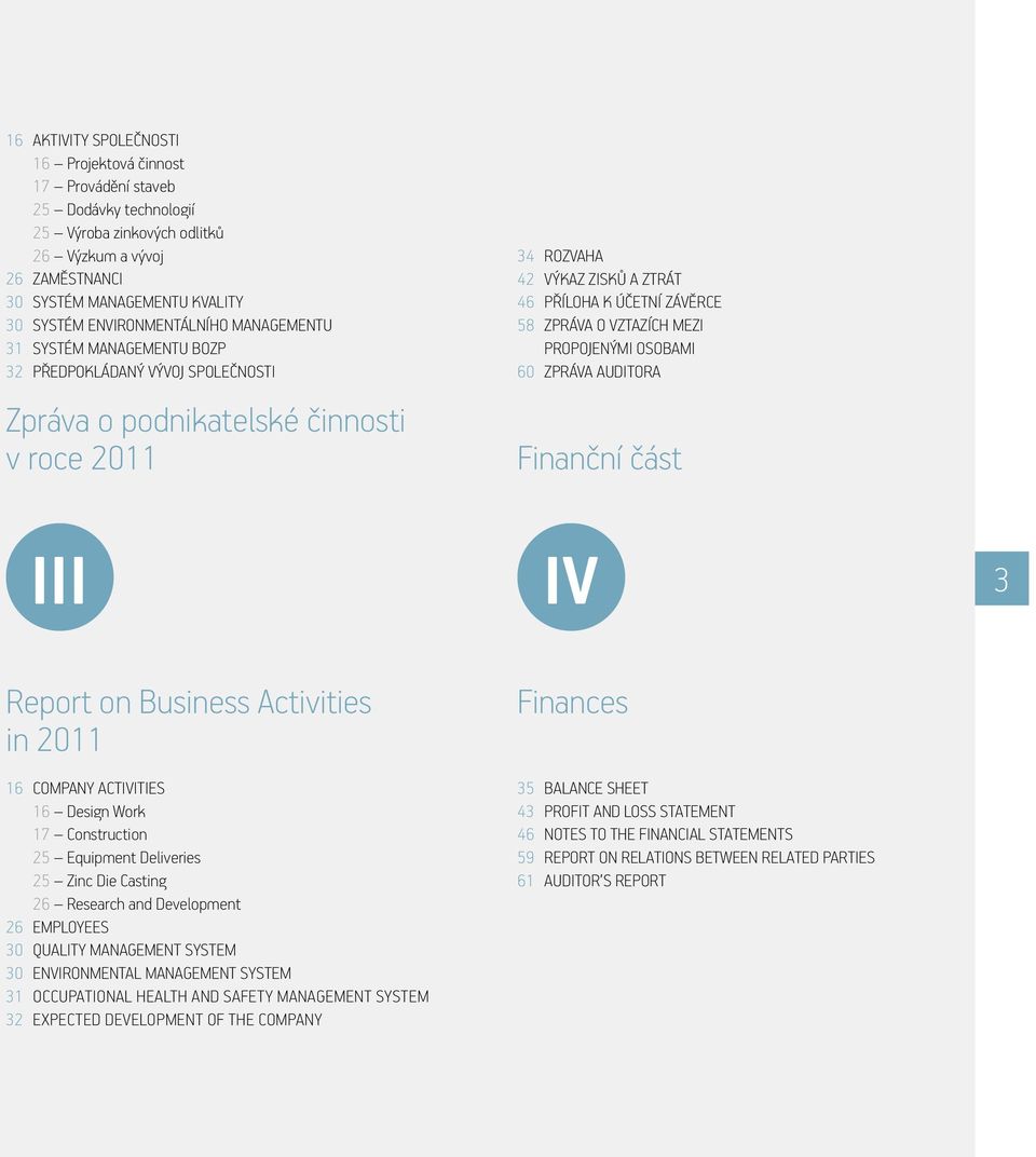 58 ZPRÁVA O VZTAZÍCH MEZI PROPOJENÝMI OSOBAMI 60 ZPRÁVA AUDITORA Finanční část III IV 3 Report on Business Activities in 2011 16 COMPANY ACTIVITIES 16 Design Work 17 Construction 25 Equipment