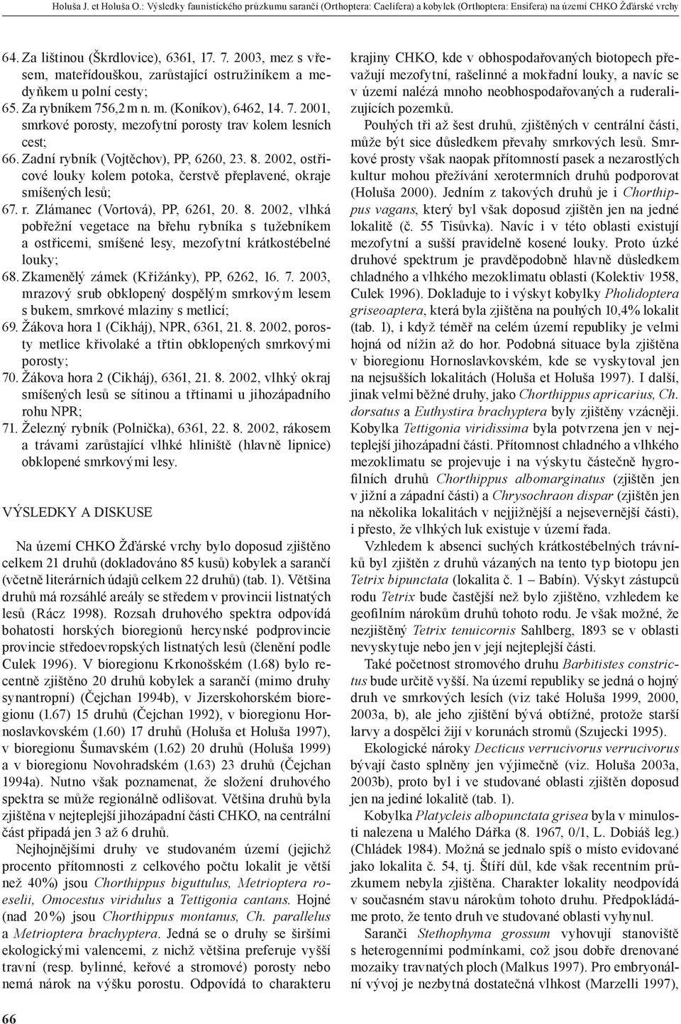 Zadní rybník (Vojtěchov), PP, 6260, 23. 8. 2002, ostřicové louky kolem potoka, čerstvě přeplavené, okraje smíšených lesů; 67. r. Zlámanec (Vortová), PP, 6261, 20. 8. 2002, vlhká pobřežní vegetace na břehu rybníka s tužebníkem a ostřicemi, smíšené lesy, mezofytní krátkostébelné louky; 68.