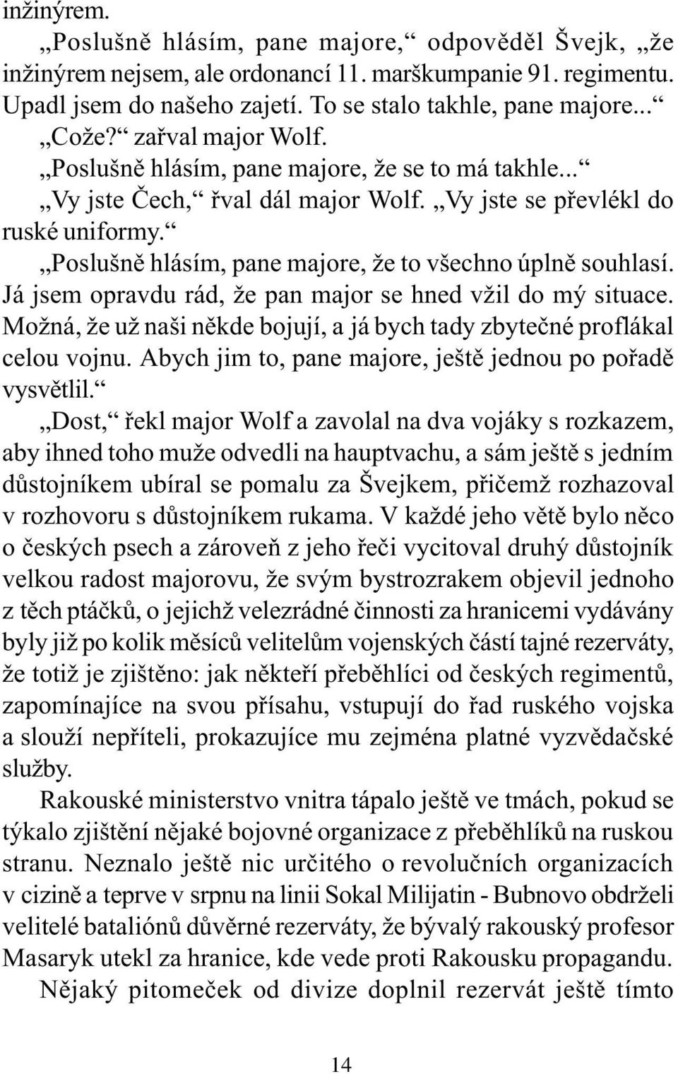 Poslušnì hlásím, pane majore, že to všechno úplnì souhlasí. Já jsem opravdu rád, že pan major se hned vžil do mý situace. Možná, že už naši nìkde bojují, a já bych tady zbyteèné proflákal celou vojnu.