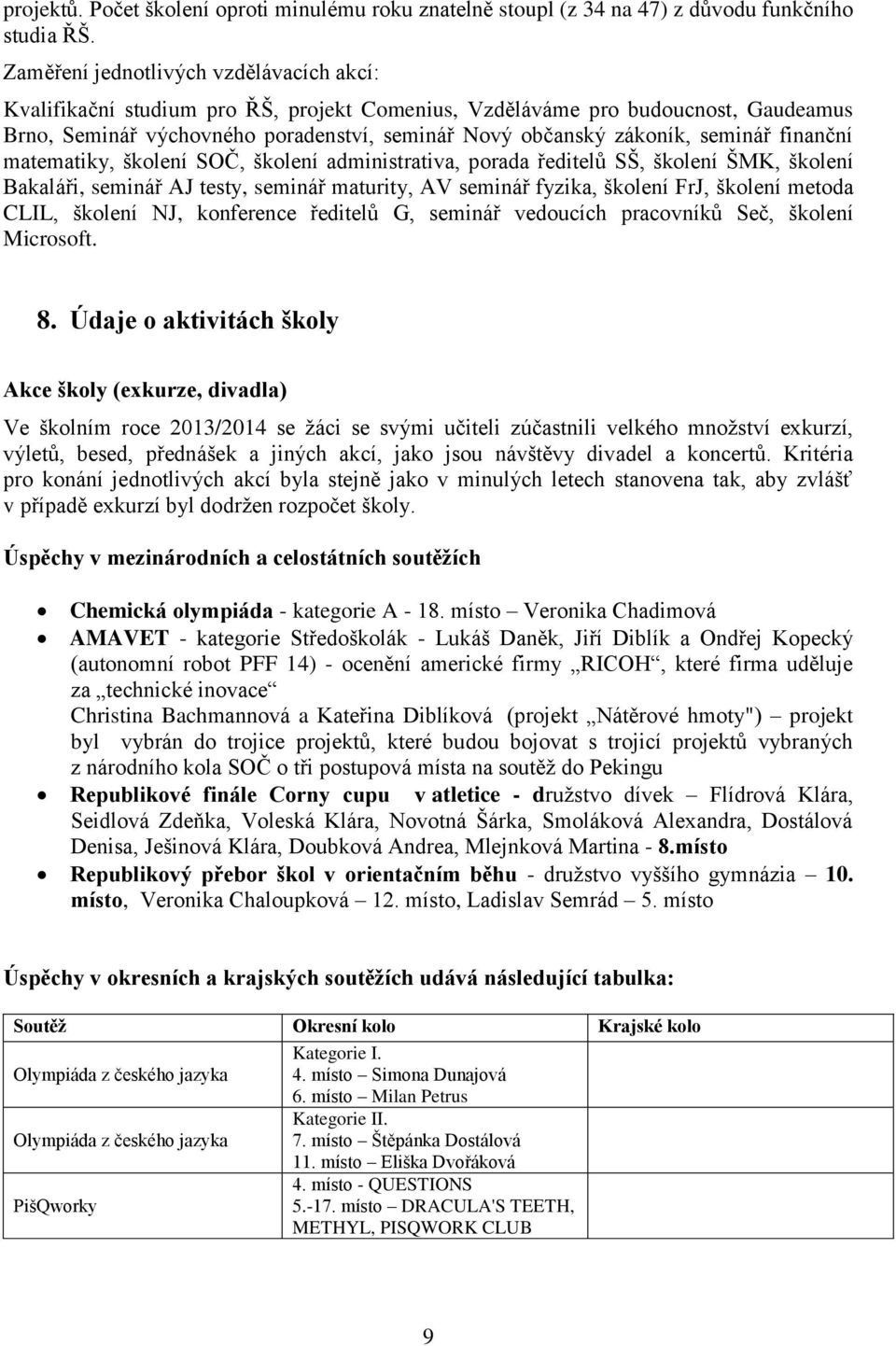 seminář finanční matematiky, školení SOČ, školení administrativa, porada ředitelů SŠ, školení ŠMK, školení Bakaláři, seminář AJ testy, seminář maturity, AV seminář fyzika, školení FrJ, školení metoda