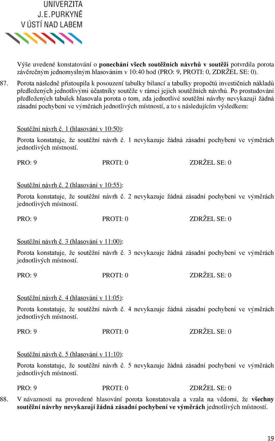 tabulek hlasovala porota o tom, zda jednotlivé soutěžní návrhy nevykazují žádná zásadní pochybení ve výměrách jednotlivých místností, a to s následujícím výsledkem: Soutěžní návrh č.