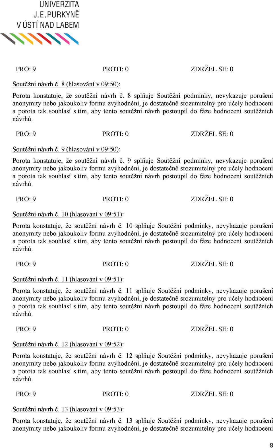 10 splňuje Soutěžní podmínky, nevykazuje porušení Soutěžní návrh č. 11 (hlasování v 09:51): Porota konstatuje, že soutěžní návrh č.