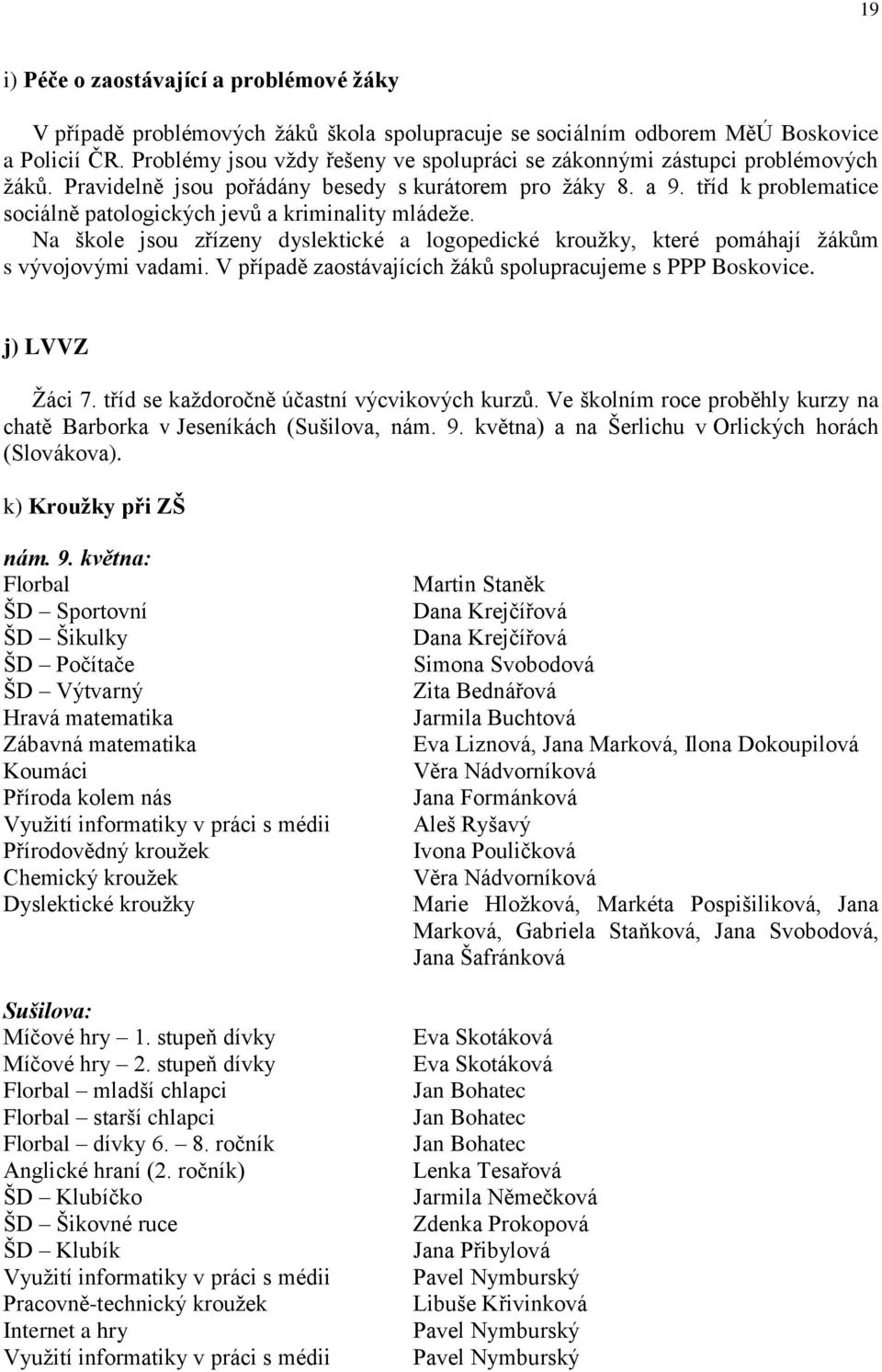 tříd k problematice sociálně patologických jevů a kriminality mládeže. Na škole jsou zřízeny dyslektické a logopedické kroužky, které pomáhají žákům s vývojovými vadami.