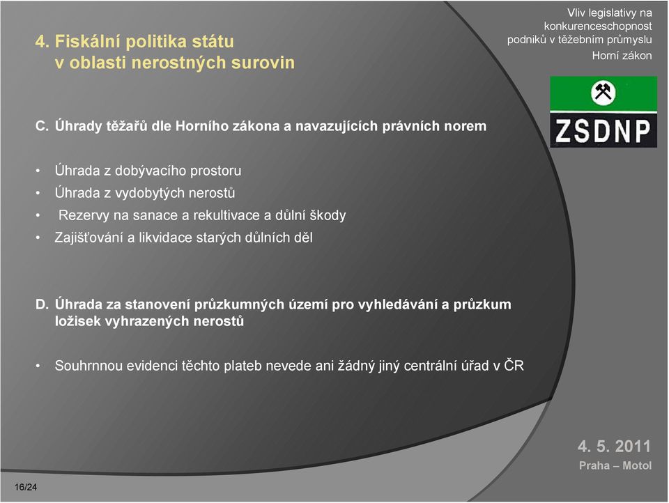 vydobytých nerostů Rezervy na sanace a rekultivace a důlní škody Zajišťování a likvidace starých důlních děl D.