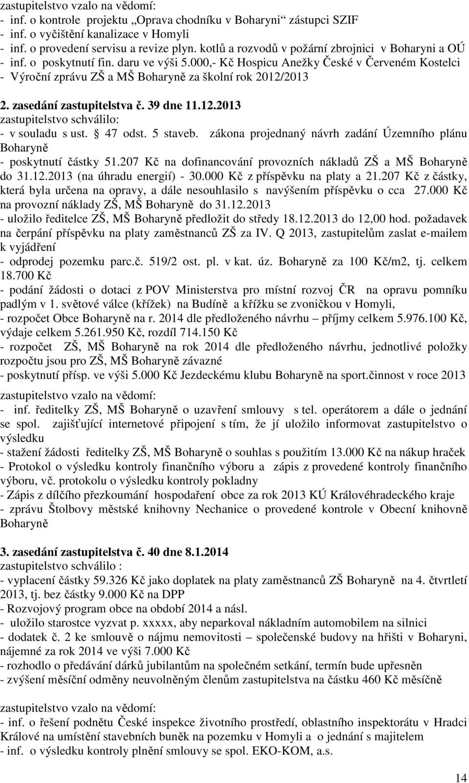 000,- Kč Hospicu Anežky České v Červeném Kostelci - Výroční zprávu ZŠ a MŠ Boharyně za školní rok 2012/2013 2. zasedání zastupitelstva č. 39 dne 11.12.2013 zastupitelstvo schválilo: - v souladu s ust.