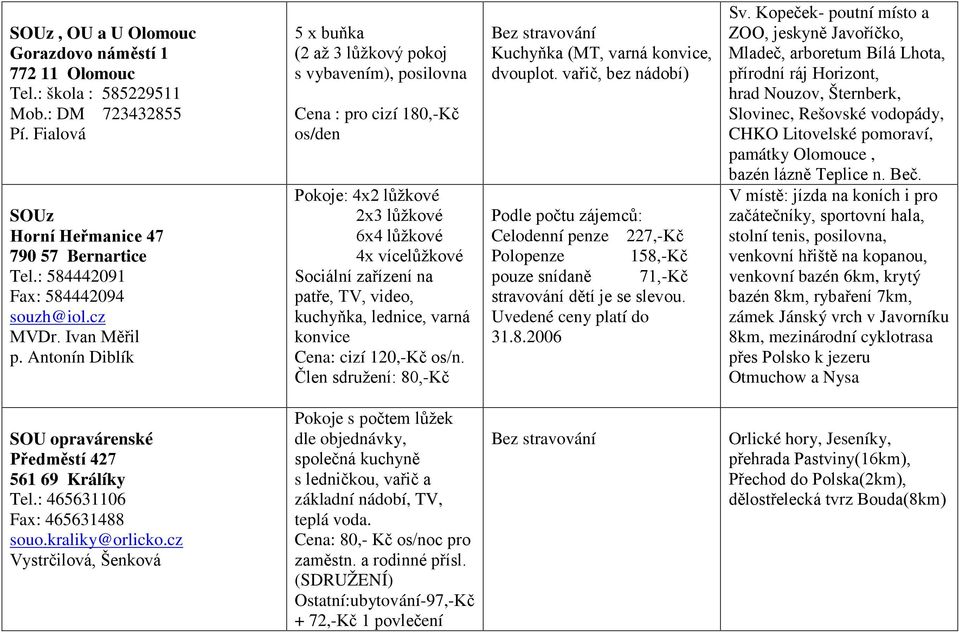 Antonín Diblík 5 x buňka (2 až 3 lůžkový pokoj s vybavením), posilovna Cena : pro cizí 180,-Kč os/den Pokoje: 4x2 lůžkové 2x3 lůžkové 6x4 lůžkové 4x vícelůžkové Sociální zařízení na patře, TV, video,
