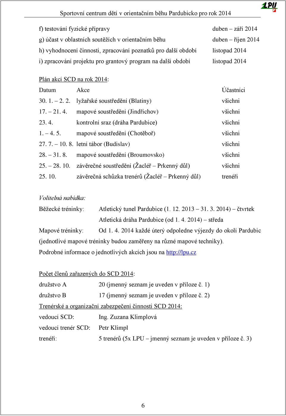 mapové soustředění (Jindřichov) všichni 23. 4. kontrolní sraz (dráha Pardubice) všichni 1. 4. 5. mapové soustředění (Chotěboř) všichni 27. 7. 10. 8. letní tábor (Budislav) všichni 28. 31. 8. mapové soustředění (Broumovsko) všichni 25.