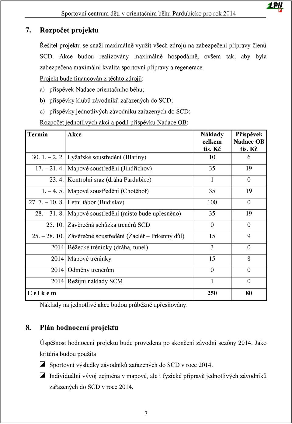 Projekt bude financován z těchto zdrojů: a) příspěvek Nadace orientačního běhu; b) příspěvky klubů závodníků zařazených do SCD; c) příspěvky jednotlivých závodníků zařazených do SCD; Rozpočet