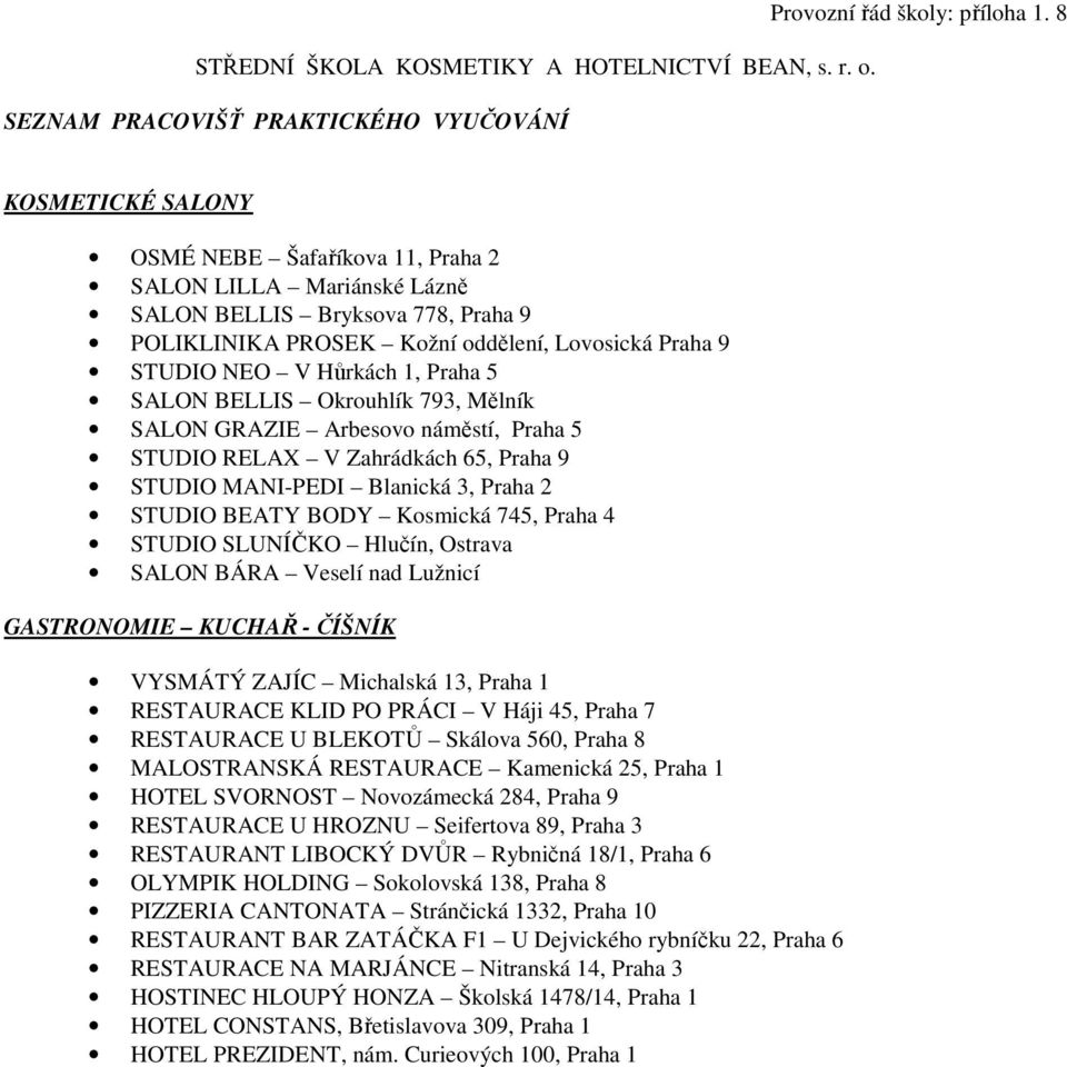 5 SALON BELLIS Okrouhlík 793, Mělník SALON GRAZIE Arbesovo náměstí, Praha 5 STUDIO RELAX V Zahrádkách 65, Praha 9 STUDIO MANI-PEDI Blanická 3, Praha 2 STUDIO BEATY BODY Kosmická 745, Praha 4 STUDIO