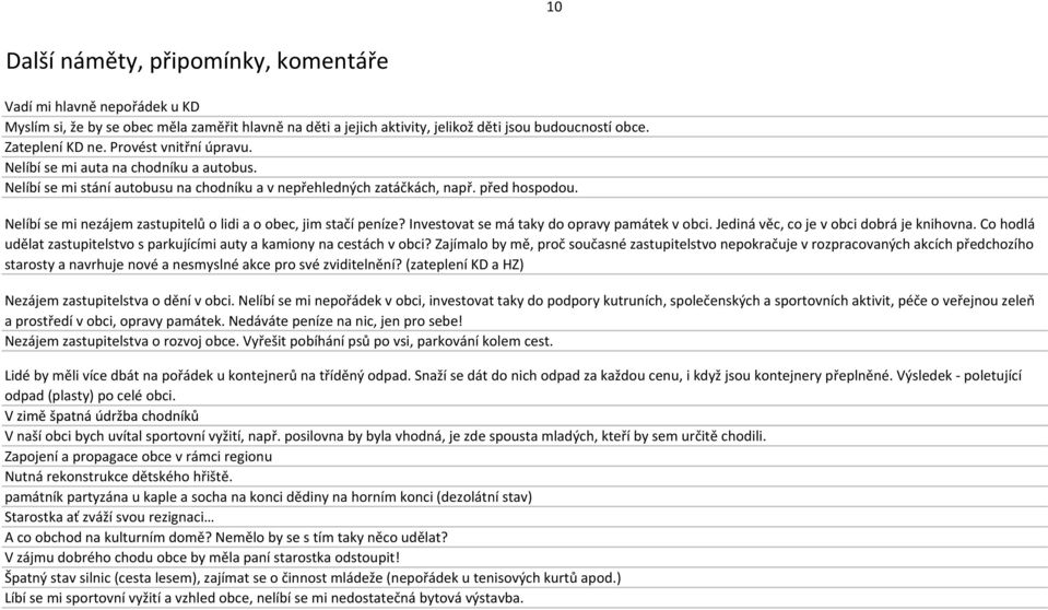 Nelíbí se mi nezájem zastupitelů o lidi a o obec, jim stačí peníze? Investovat se má taky do opravy památek v obci. Jediná věc, co je v obci dobrá je knihovna.