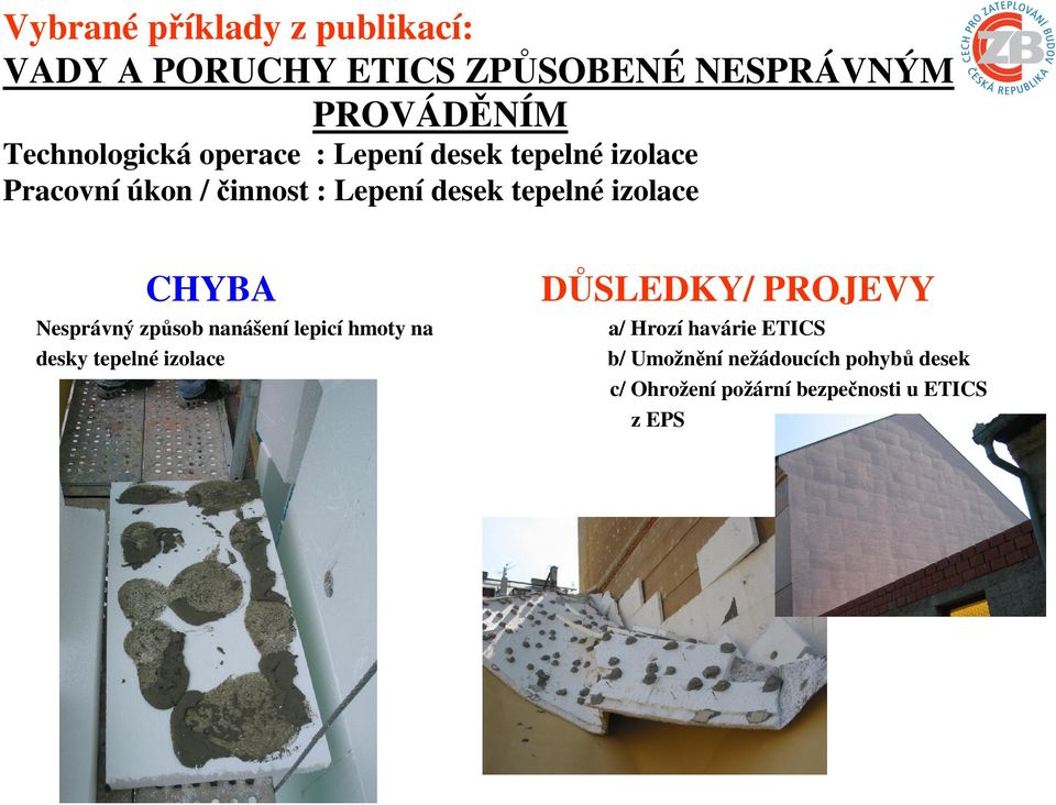 tepelné izolace CHYBA DŮSLEDKY/ PROJEVY Nesprávný způsob nanášení lepicí hmoty na a/ Hrozí