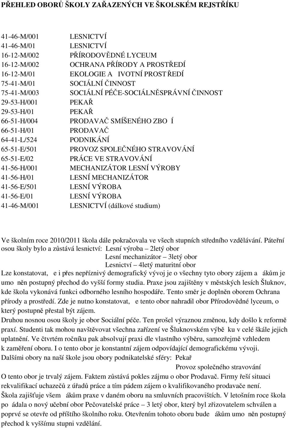 SOCIÁLNÍ PÉČE-SOCIÁLNĚSPRÁVNÍ ČINNOST PEKAŘ PEKAŘ PRODAVAČ SMÍŠENÉHO ZBOÍ PRODAVAČ PODNIKÁNÍ PROVOZ SPOLEČNÉHO STRAVOVÁNÍ PRÁCE VE STRAVOVÁNÍ MECHANIZÁTOR LESNÍ VÝROBY LESNÍ MECHANIZÁTOR LESNÍ VÝROBA