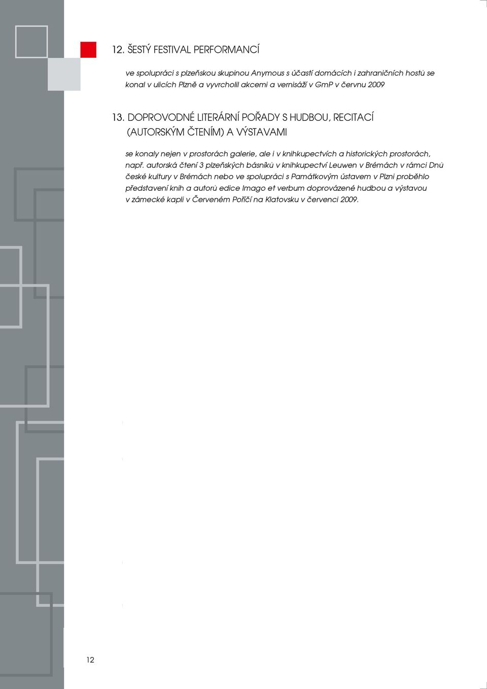 Doprovodné literární pořady s hudbou, recitací (autorským čtením) a výstavami se konaly nejen v prostorách galerie, ale i v knihkupectvích a historických prostorách,