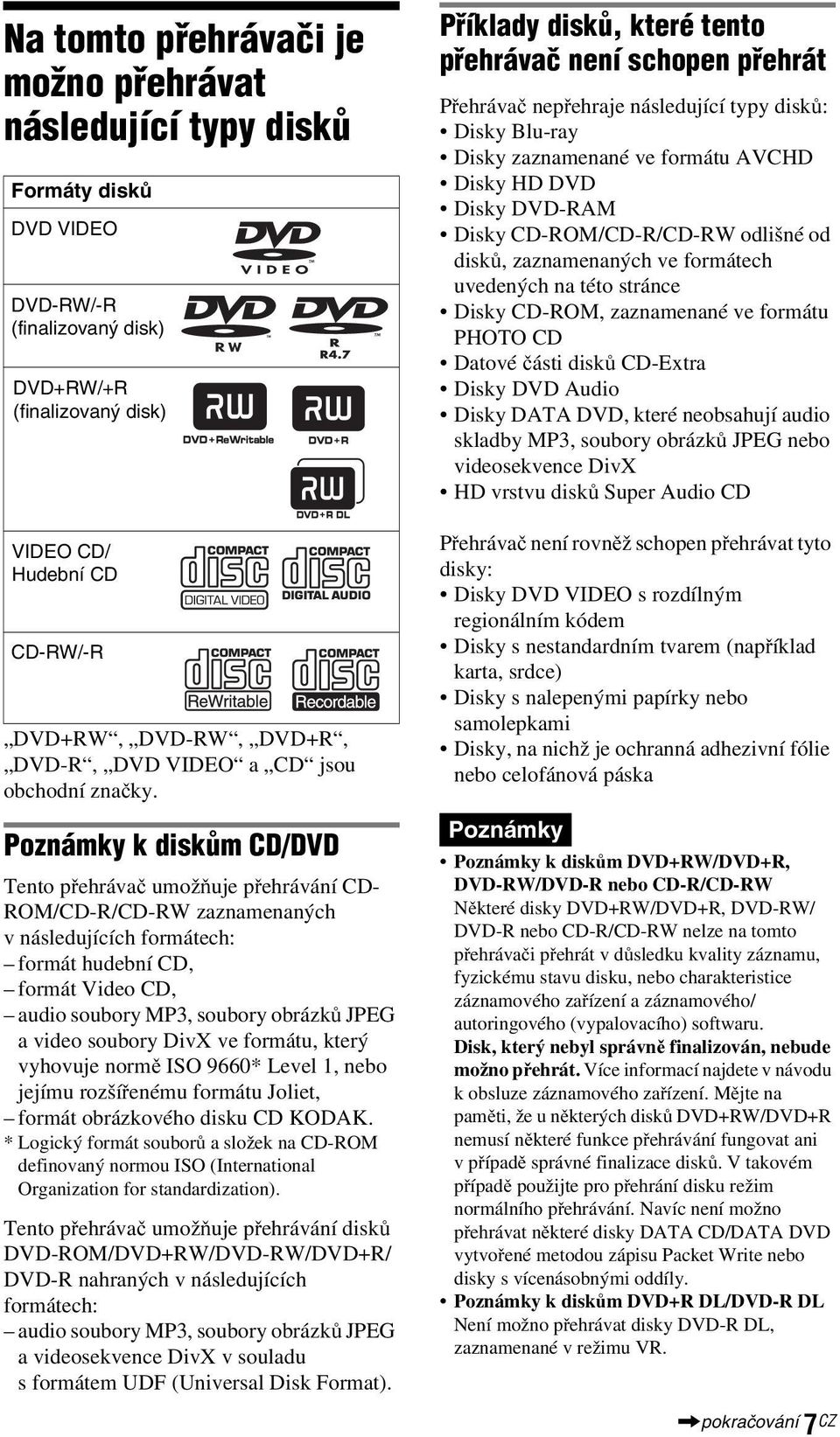 Poznámky k diskům CD/DVD Tento přehrávač umožňuje přehrávání CD- ROM/CD-R/CD-RW zaznamenaných v následujících formátech: formát hudební CD, formátvideocd, audio soubory MP3, soubory obrázků JPEG a