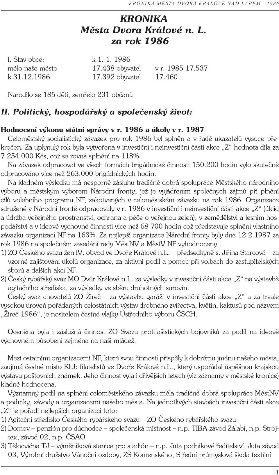 1987 Celoměstský socialistický závazek pro rok 1986 byl splněn a v řadě ukazatelů vysoce překročen. Za uplynulý rok byla vytvořena v investiční i neinvestiční části akce Z hodnota díla za 7.