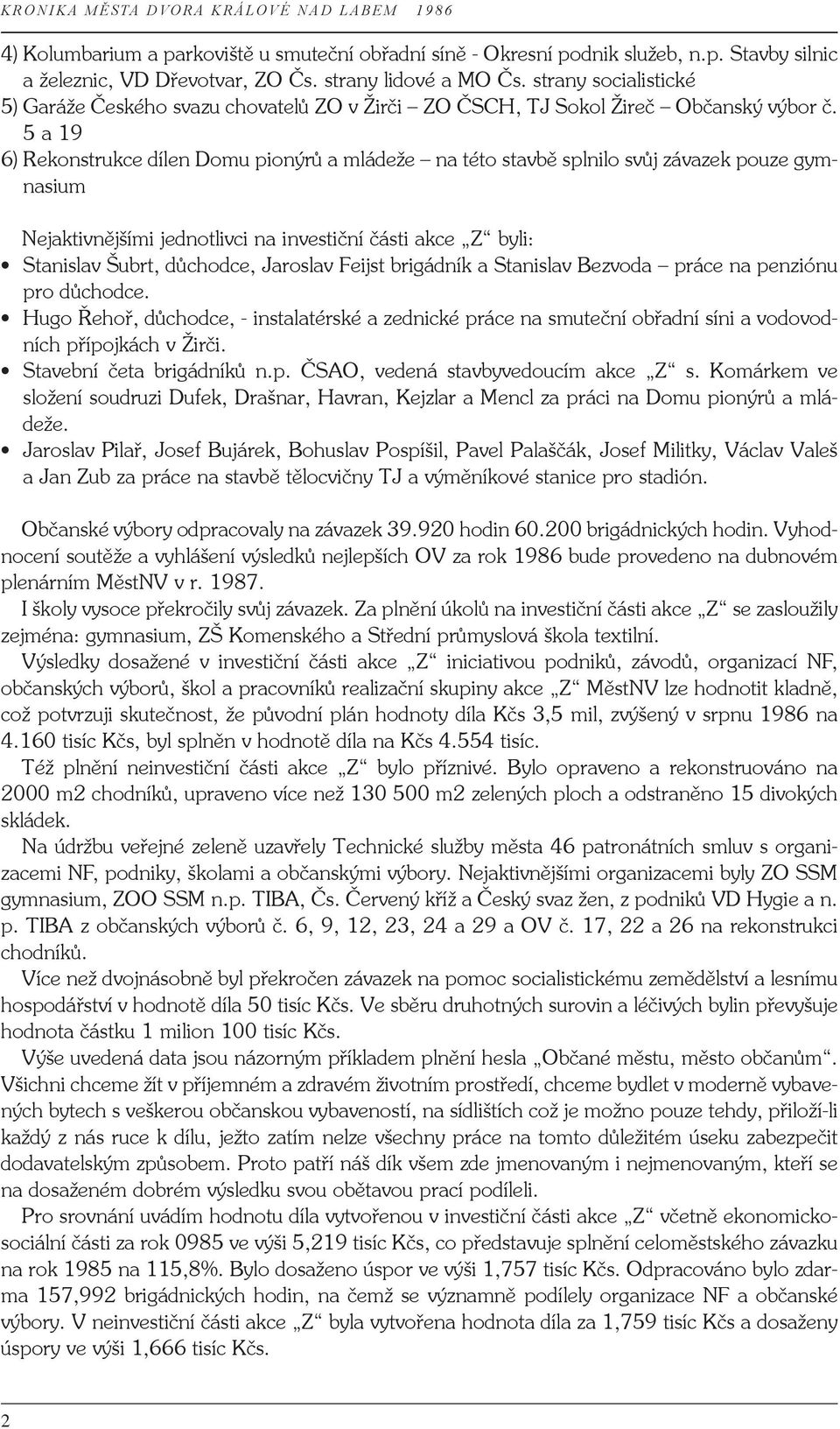 5 a 19 6) Rekonstrukce dílen Domu pionýrů a mládeže na této stavbě splnilo svůj závazek pouze gymnasium Nejaktivnějšími jednotlivci na investiční části akce Z byli: Stanislav Šubrt, důchodce,