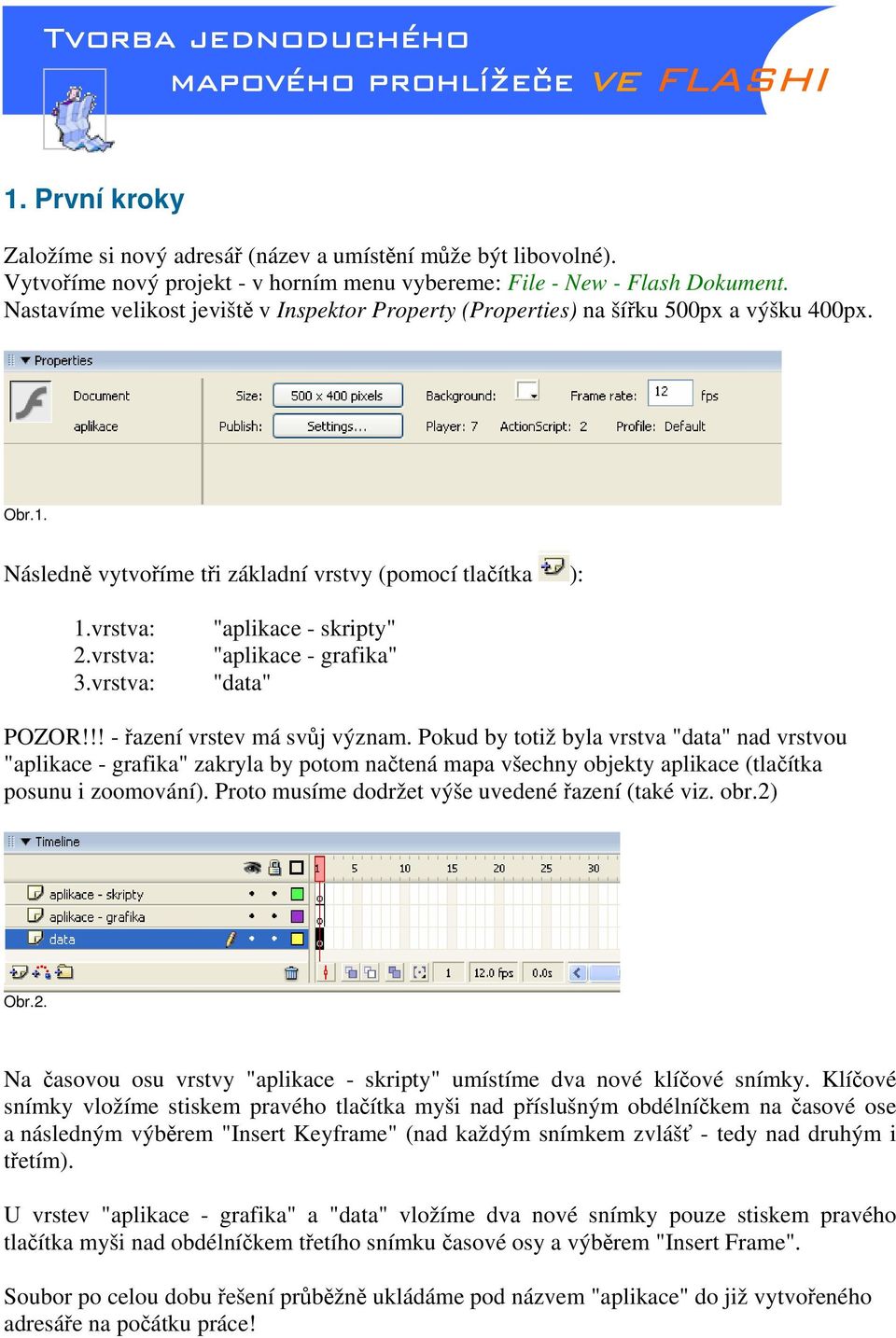 Následně vytvoříme tři základní vrstvy (pomocí tlačítka ): 1.vrstva: 2.vrstva: 3.vrstva: "aplikace - skripty" "aplikace - grafika" "data" POZOR!!! - řazení vrstev má svůj význam.