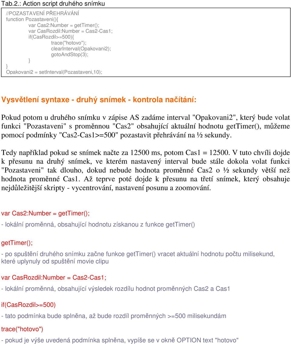 clearinterval(opakovani2); gotoandstop(3); Opakovani2 = setinterval(pozastaveni,10); Vysvětlení syntaxe - druhý snímek - kontrola načítání: Pokud potom u druhého snímku v zápise AS zadáme interval