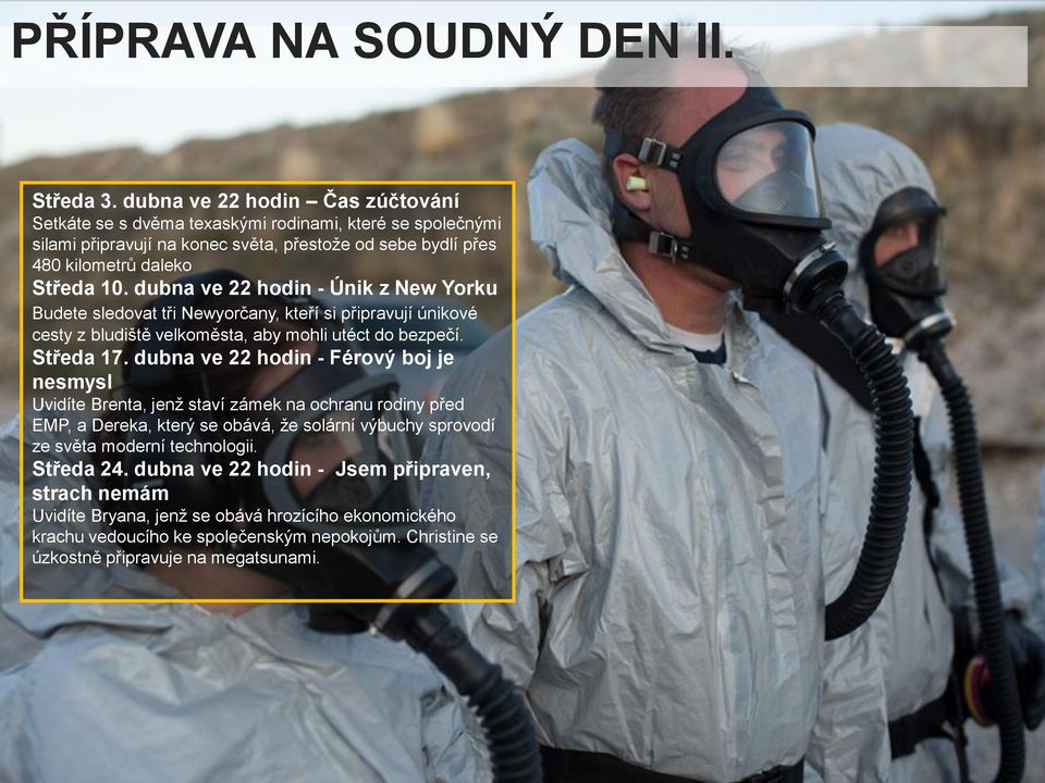 dubna ve 22 hodin - Únik z New Yorku Budete sledovat tři Newyorčany, kteří si připravují únikové cesty z bludiště velkoměsta, aby mohli utéct do bezpečí. Středa 17.