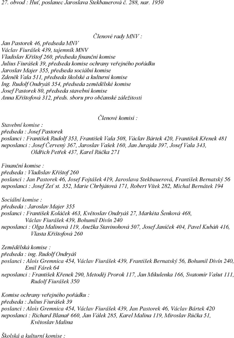 Jaroslav Majer 355, předseda sociální komise Zdeněk Vala 511, předseda školské a kulturní komise Ing.