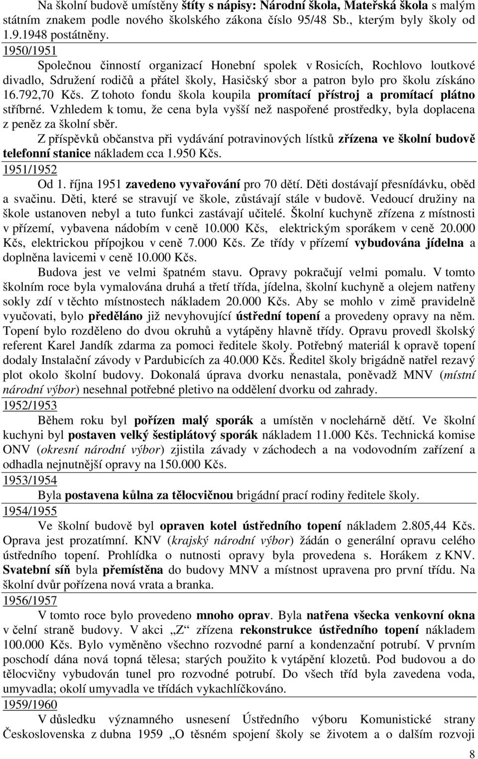 Z tohoto fondu škola koupila promítací přístroj a promítací plátno stříbrné. Vzhledem k tomu, že cena byla vyšší než naspořené prostředky, byla doplacena z peněz za školní sběr.