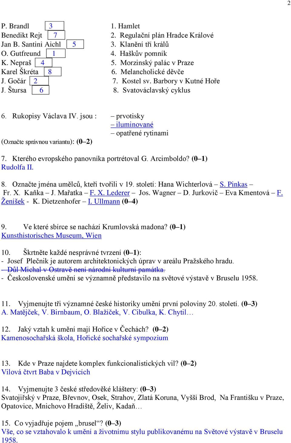 jsou : prvotisky iluminované opatřené rytinami (Označte správnou variantu): (0 2) 7. Kterého evropského panovníka portrétoval G. Arcimboldo? (0 1) Rudolfa II. 8.