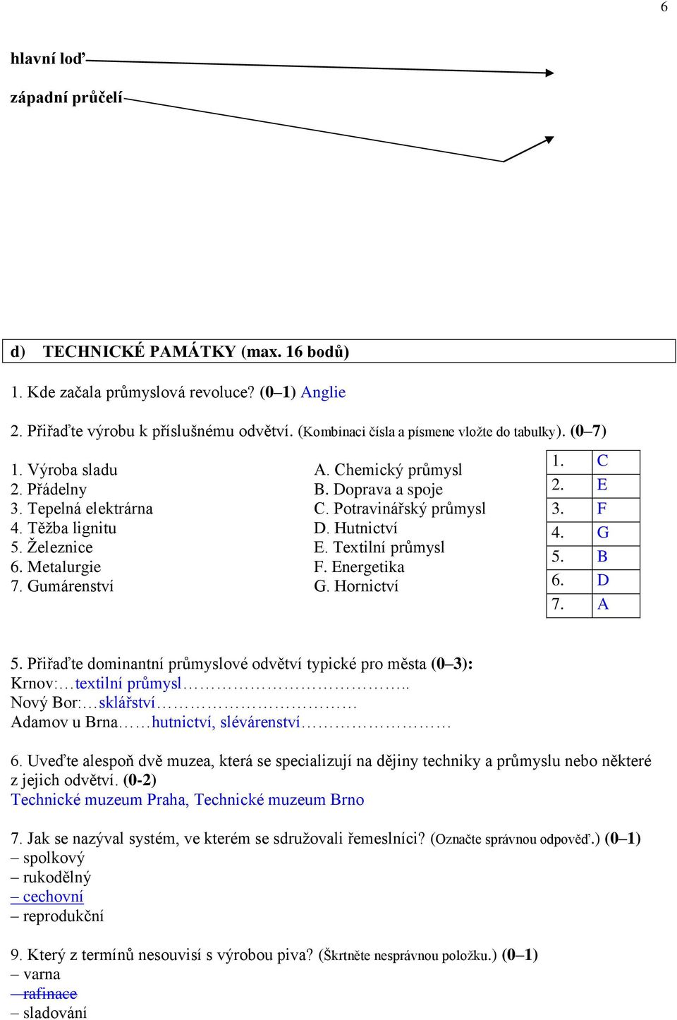 Ţeleznice E. Textilní průmysl 6. Metalurgie F. Energetika 7. Gumárenství G. Hornictví 1. C 2. E 3. F 4. G 5. B 6. D 7. A 5.