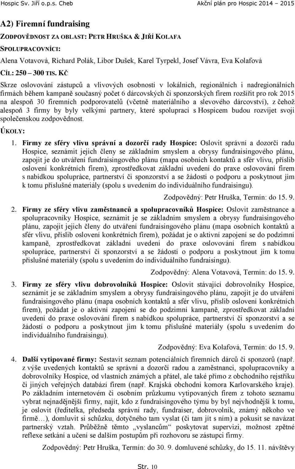 alespoň 30 firemních podporovatelů (včetně materiálního a slevového dárcovství), z čehož alespoň 3 firmy by byly velkými partnery, které spoluprací s Hospicem budou rozvíjet svoji společenskou