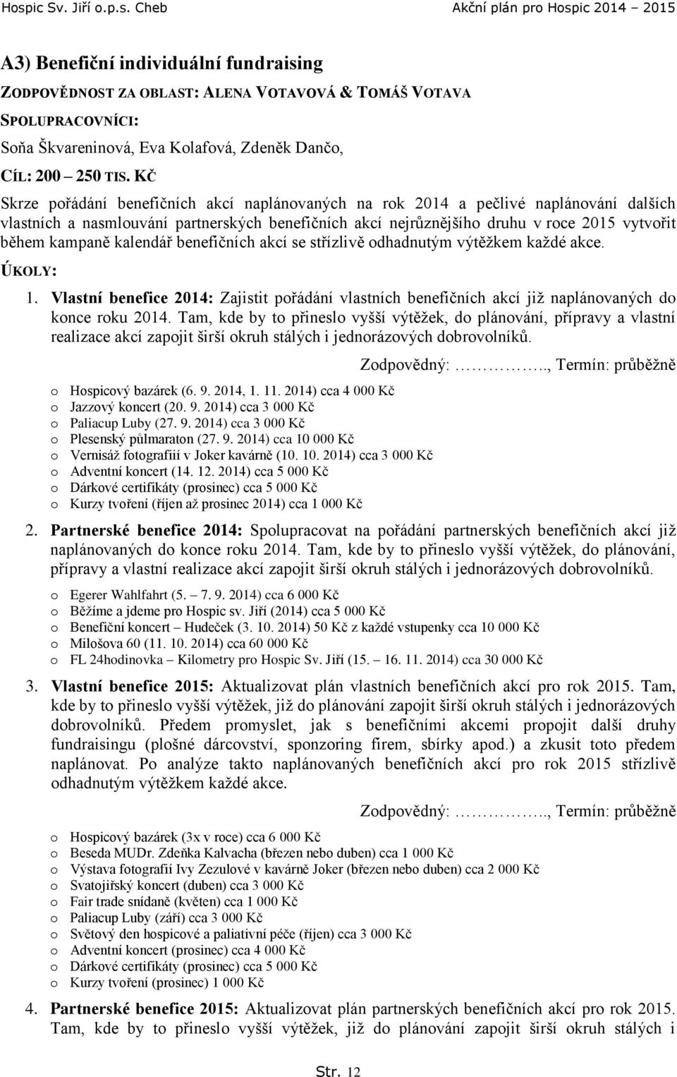 kalendář benefičních akcí se střízlivě odhadnutým výtěžkem každé akce. 1. Vlastní benefice 2014: Zajistit pořádání vlastních benefičních akcí již naplánovaných do konce roku 2014.