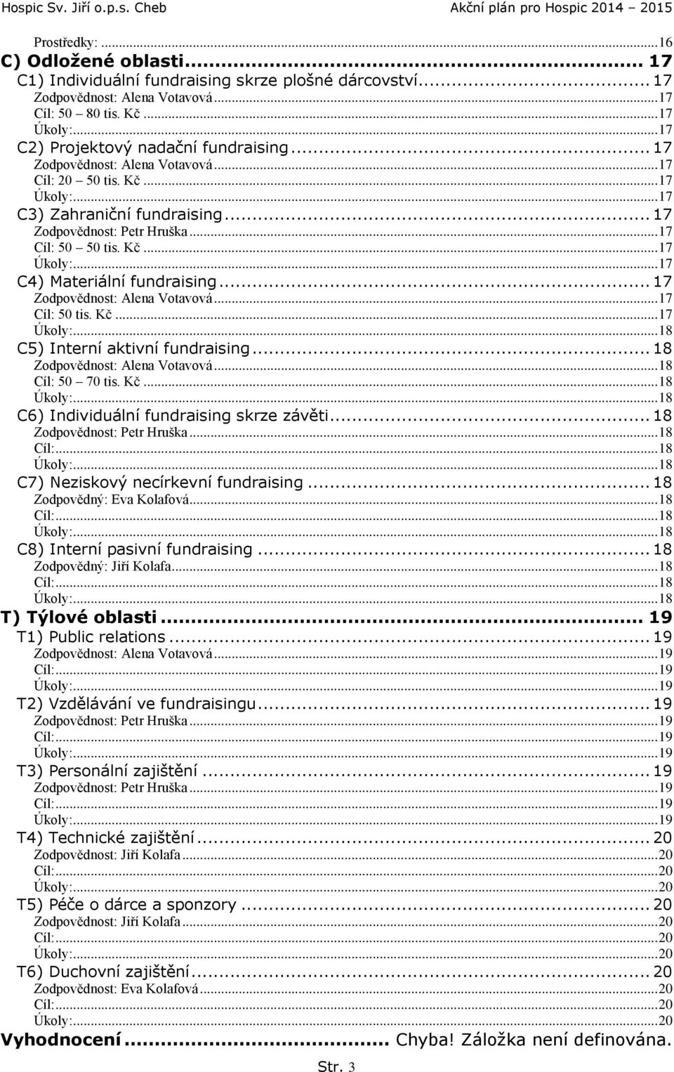 Kč... 17 Úkoly:... 17 C4) Materiální fundraising... 17 Zodpovědnost: Alena Votavová... 17 Cíl: 50 tis. Kč... 17 Úkoly:... 18 C5) Interní aktivní fundraising... 18 Zodpovědnost: Alena Votavová.
