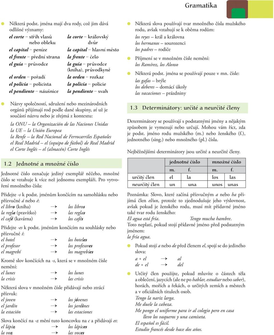průvodce la guía průvodce (kniha), průvodkyně el orden pořadí la orden rozkaz el policía policista la policía policie el pendiente náušnice la pendiente svah Některá slova používají tvar množného