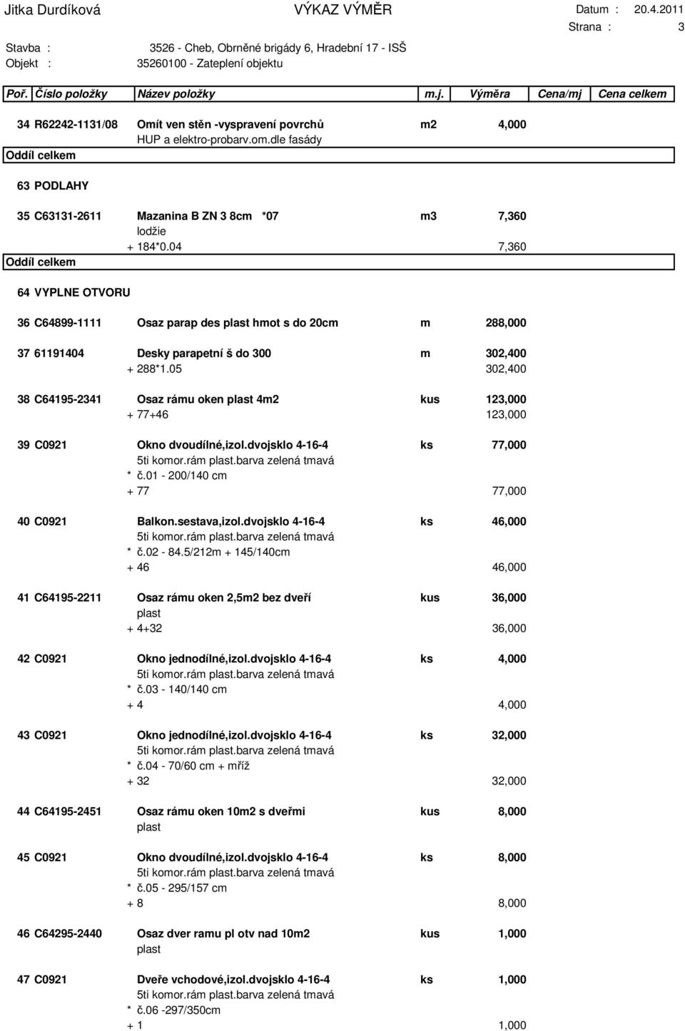 05 302,400 38 C64195-2341 Osaz rámu oken 4m2 kus 123,000 + 77+46 123,000 39 C0921 Okno dvoudílné,izol.dvojsklo 4-16-4 ks 77,000 * č.01-200/140 cm + 77 77,000 40 C0921 Balkon.sestava,izol.