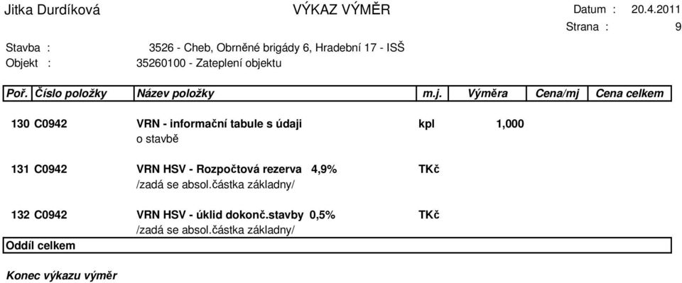 se absol.částka základny/ 132 C0942 VRN HSV - úklid dokonč.