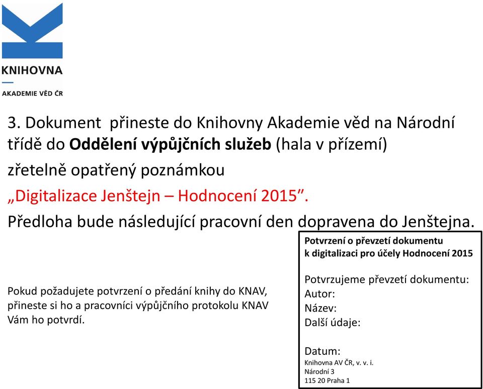 Potvrzení o převzetí dokumentu k digitalizaci pro účely Hodnocení 2015 Pokud požadujete potvrzení o předání knihy do KNAV, přineste si